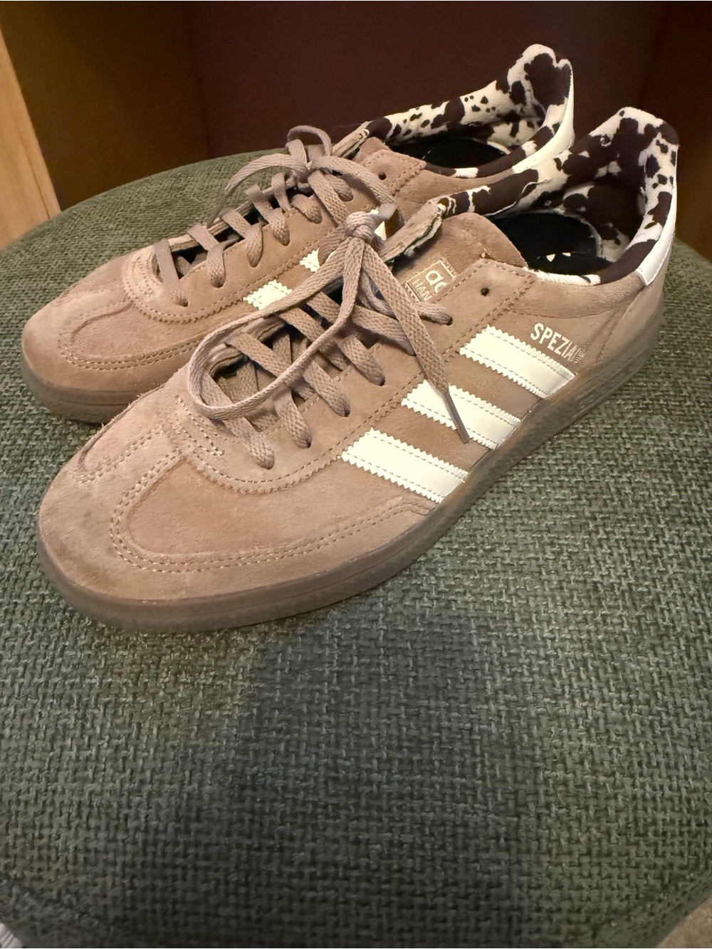 adidas Spezial Women’s Cow Print Sneakers in Brown with White Stripes